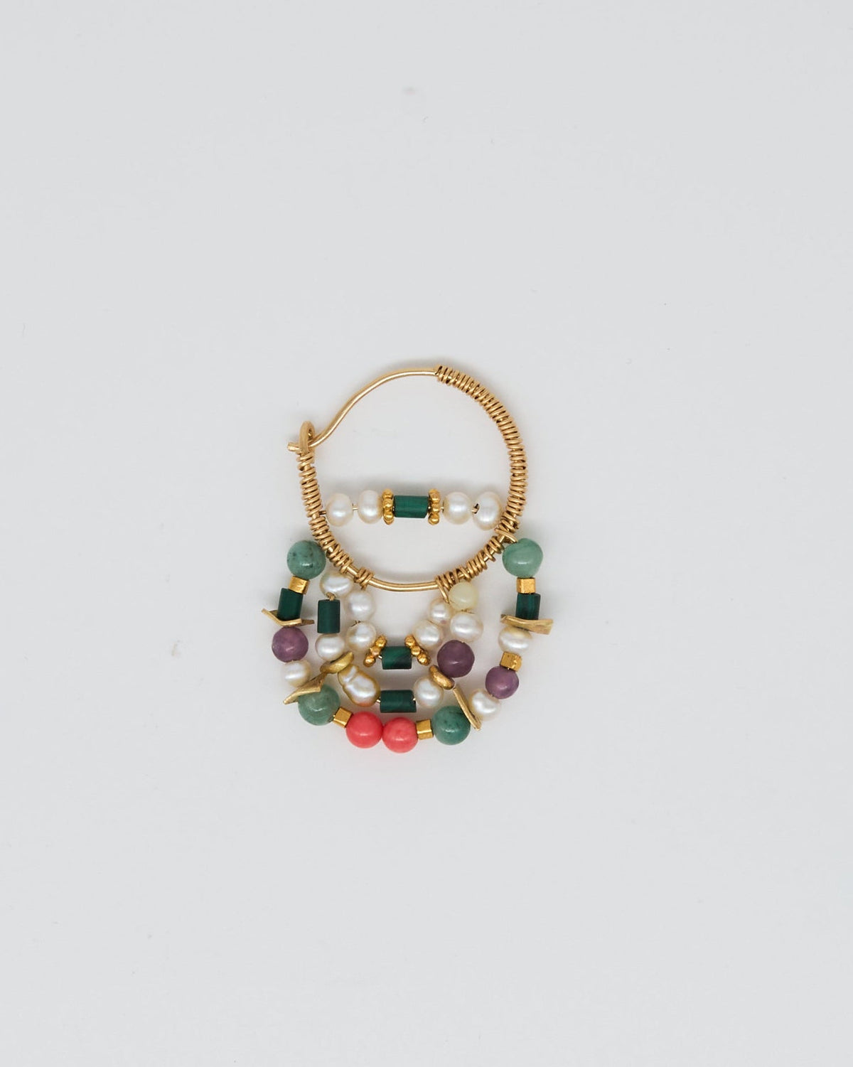 Single gold hoop earring with dangling beaded fringe featuring green Emerald, Corals, Pearls, Amethyst, Opals and lots of gold beats in 18 ct and 22 ct gold